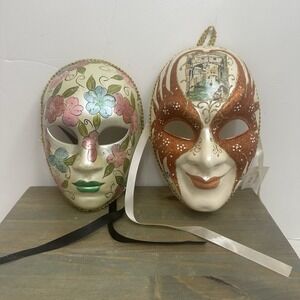 Lot Of 2 Venetian Mardi Gras Mask MASQUERADE CARNIVAL PARTY Floral Hand Painted